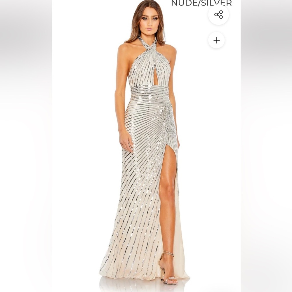 Mac Duggal Nude and Silver Backless Dress